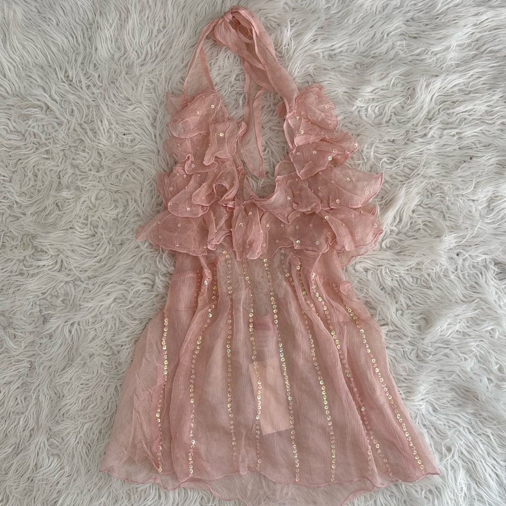 NWT Vintage Y2K Deadstock 100% Silk Ruffle Sequin Blouse